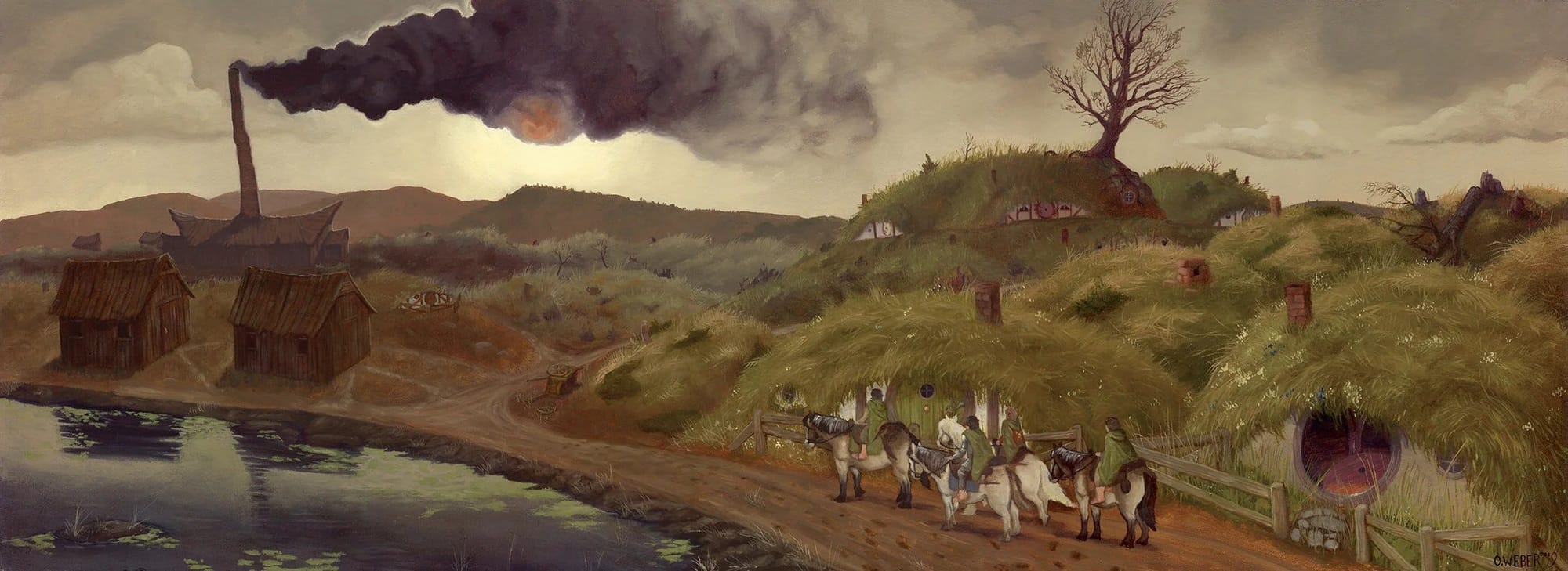 An idyllic green pasture land transitioning into a brown wasteland with a industry house with a long chimney that blows black smoke into the air. Four riders ride towards it.