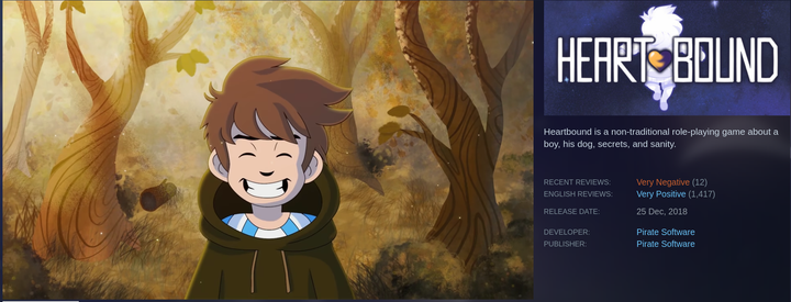Screenshot of Heartbound's Steam page, key art of a smiling cartoon boy in forest. Developer: Pirate Software